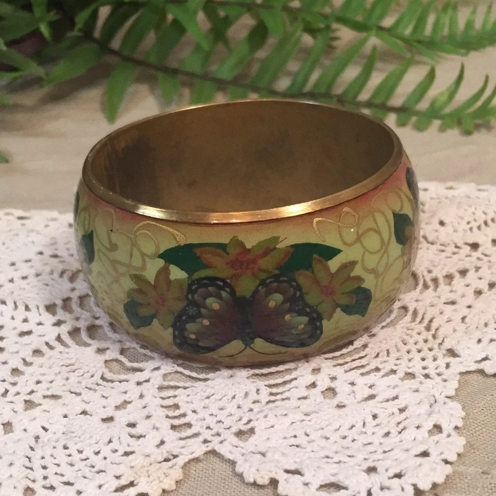 Vintage Floral And Butterfly Enameled Brass Bracelet - Picture 5 of 13